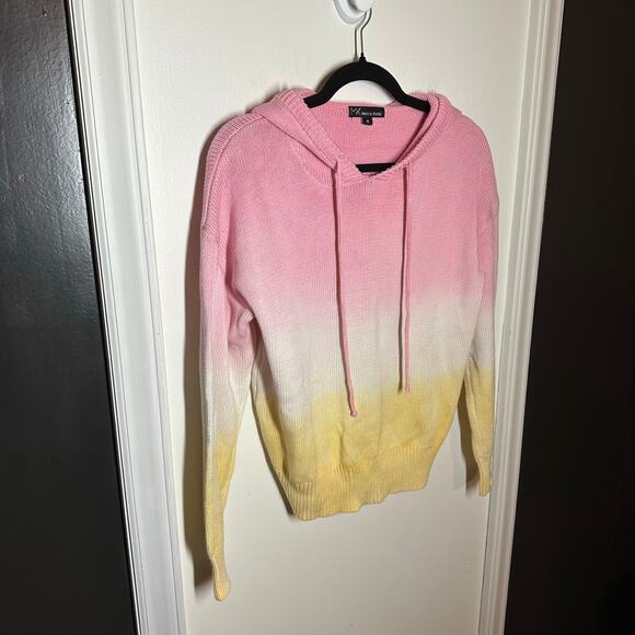 Metric Knits Pink White Yellow Tie Dye Ombre Knit Hoodie Pullover Size Medium - Picture 3 of 9
